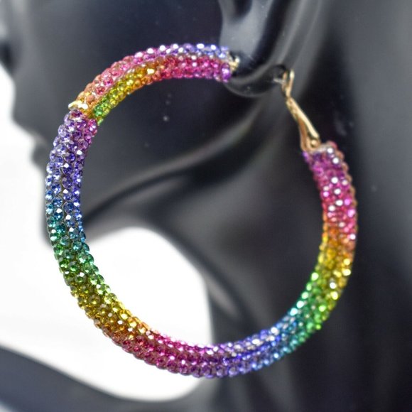 Hoop Earrings & Bracelet Set Pave Crystals Rainbow Iridescent - Picture 5 of 15